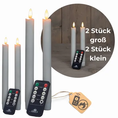 Produktbild von Sparset Stabkerzen LED mit Timer Klein+Groß WEISS 4 Stück WEISS indoor - 6 Stunden - ECHTWACHS 18cm+23cm Höhe für Kerzen 2,2cm Durchmesser 2 AAA Batterien notwendig LED Stabkerzen flackernde Flamme