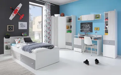 Produktbild von Schlafzimmer Set – COMO System – 6 Teile – Kleiderschrank – Regalschrank – REGAL– Schreibtisch – REGAL – Bett – Sonoma Eiche / Grau – Ohne Matratze