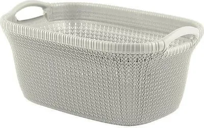 A cream-colored laundry basket with a woven texture and handles.