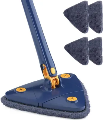 A close-up shot of a blue triangular mop head with yellow accents, and four grey triangular mop pads are shown next to it.