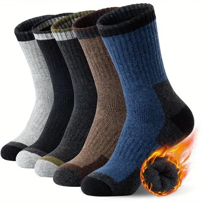 Produktbild von 5 Paar Thermosocken für Herren, dicke Merinowoll-Wandersocken, atmungsaktiv und rutschfest, ideale Socken für Winter und Outdoor,Größe 40–47