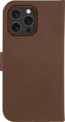 A brown leather flip case for an iPhone is shown from the front.