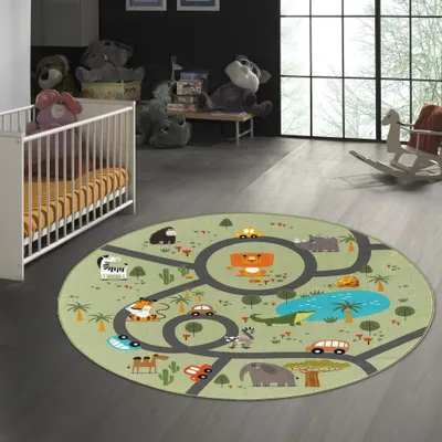 Produktbild von Rutschfester Kinder-Straßenteppich mit Tieren grün Größe - 200 cm Rund