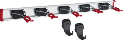 Produktbild von Aluminium-Gerätehalter-Set mit 5 Haltern und 2 Haken, Schiene 750 mm, flexible Hakenleiste für Gartenwerkzeuge