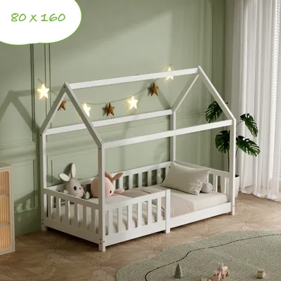 Produktbild von Kinderbett 80x160 cm mit Rausfallschutz und Lattenrost - Kinderbett Hausbett aus Vollholz in Weiß- Hausbett für Kinder 80x160