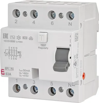 Zdjęcie produktu dla Wyłącznik różnicowoprądowy 3P+N 63A 0,03A typ AC EFI-4 002061613 ETI