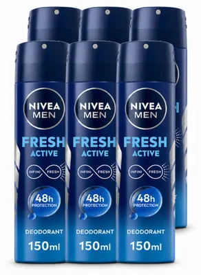 Imagen del producto de 6 aerosoles desodorantes NIVEA MEN Fresh Active, 150 ml cada uno. Paquete económico de 6 unidades