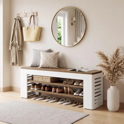 Obrázek produktu pro Botník Wanbor, 140 cm, vstupní lavice se 3 úrovněmi, organizér na boty, dlouhý botník, vhodný do předsíně, chodby, ložnice, barva bílá a hnědá
