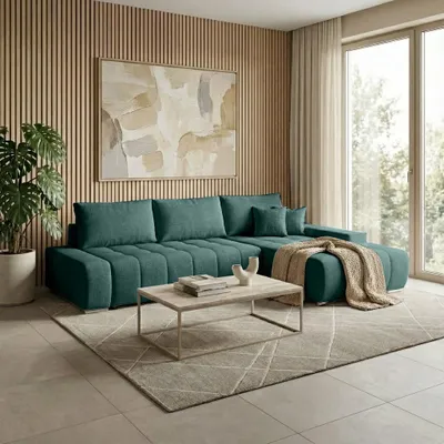Produktbild von Beautysofa DRACO L Ecksofa mit Schlaffunktion & Bettkasten 267 cm - Schlafsofa, Bettsofa, Couch L-Form, Seitenausführung Rechts – Dunkelgrün Barrel 39