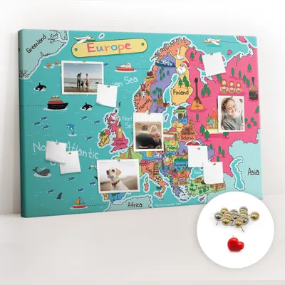 Obrázok produktu pre Korková tabuľa Tabuľa na poznámky Tabuľa na špendlíky - učebná pomôcka 120x80 cm - 100ks kovových kolíkov - Mapa Európy