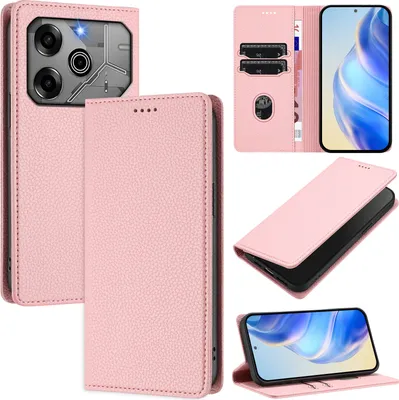 Produktbild von Litchi Leder Handyhülle für Tecno Pova 6/Pova 6 Pro 5G Wallet Kartenfächer Standfunktion Hülle Pink