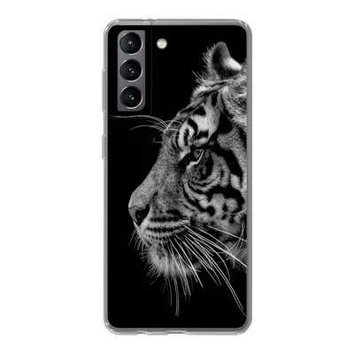 Produktbild von MuchoWow® Handyhülle Schutzhülle Hülle für Samsung Galaxy S21 Tiger auf schwarzem Hintergrund in schwarz und weiß Silikon Softcase Handy Hülle - Softcase