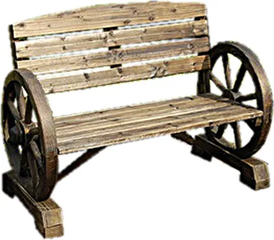 A wooden bench with wagon wheels as armrests, presented on a white background.