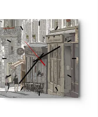 Produktbild von Wanduhr - Quadrat - Glasuhr - Architektur Zeichnen Montmartre - 30x30cm - Schleichendes Uhrwerk - Lautlos - zum Aufhängen bereit - Dekoration Modern - Wanddekoration aus Glas - C3AC30x30-4141