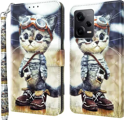 Produktbild von CLM-Tech Hülle kompatibel mit Xiaomi Redmi Note 12 Pro / Poco X5 Pro 5G - Tasche aus Kunstleder - Klapphülle mit Ständer und Kartenfächern, coole Katze
