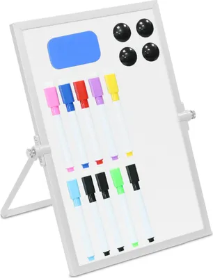 Produktbild von Relaxdays Whiteboard Tisch, 30x20 cm, magnetisch, 360° drehbar, mit Stiften, Magneten, Schwamm, Magnettafel, weiß/silber