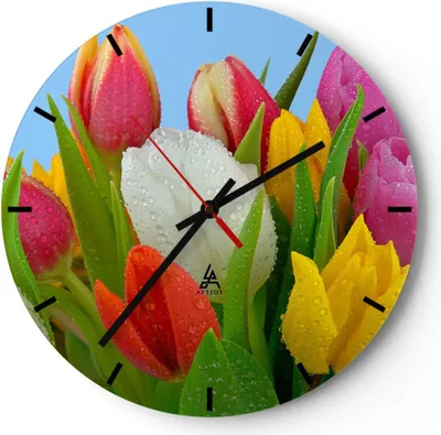 Produktbild von Wanduhr - Rund - Glasuhr - Tulpen Blumenstrauß Blumen Tau - 40x40cm - Schleichendes Uhrwerk - Lautlos - zum Aufhängen bereit - Dekoration Modern - Wanddekoration aus Glas - C3AR40x40-2526