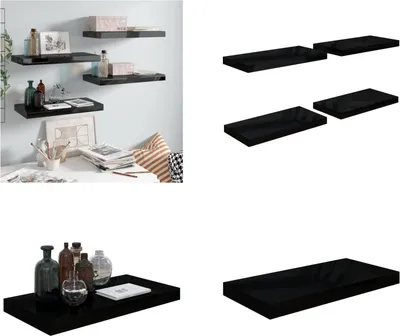 Produktbild von vidaXL Schweberegale 4 Stk. Hochglanz Schwarz 50x23x3,8 cm MDF - Wandregal - Wandregale - Schwebendes Wandregal - Wandregal Schwebend