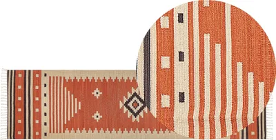 Produktbild von BELIANI Kelim-Teppich Orange Baumwolle 80 x 300 cm mit Fransen Geometrischem Muster Handgewebt Zweiseitig Läufer Modern Wohnzimmer Schlafzimmer