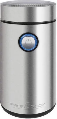 A studio shot of a silver electric coffee grinder.