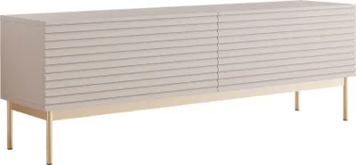 A modern TV lowboard with a slatted front and gold legs, presented on a white background.