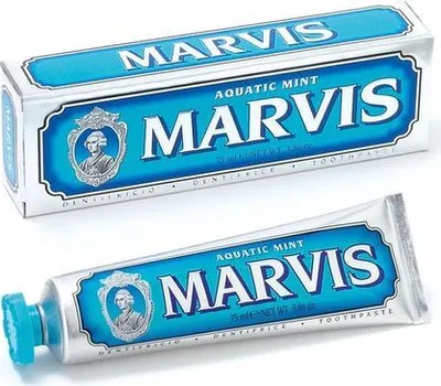 A box and tube of Marvis Aquatic Mint toothpaste are shown against a white background.