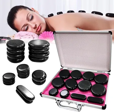 Productafbeelding van Hot Stone Set - Massage stenen - Ontspanning thuis - Met verwarmingsbox - 21 stenen - Zwart
