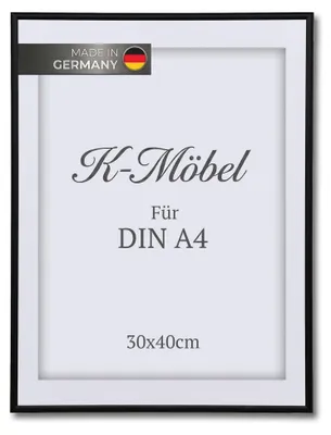Produktbild von K-Möbel Aluminium Bilderrahmen A4 mit Passepartout -  Germany - Bilderrahmen 30x40 schwarz - Passepartout aus 100% Alphazellulose in Museumsqualität  - schwarzer rahmen - Aluminium Profil