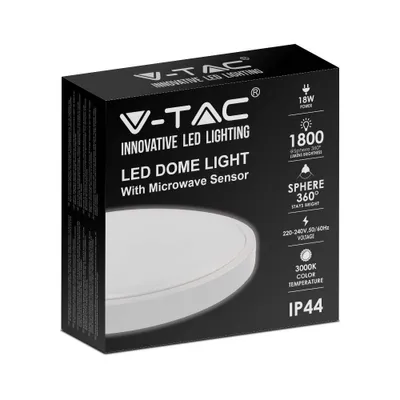 Immagine prodotto di V-TAC VT-8618S-W-RD Plafoniera led 18W sensore di movimento microonde integrato IP44 rotonda bianca 360° 3000K - sku 7659