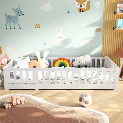 Produktbild von CDGlobal Kinderbett Bodenbett Holzbett mit Rausfallschutz und Tür, Spielbett Einzelbett für Kinder 90x200cm, Weiß