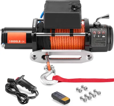 Obrázek produktu pro SucceBuy elektrický naviják s nosností 10 000 lb a 12V DC navijákem pro nákladní automobily. Je vybaven vodicím kabelem Φ7/20" x 65 stop dlouhým
