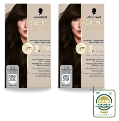 Zdjęcie produktu dla 2 opakowania farby do włosów Schwarzkopf Creme Supreme 3-0, naturalny, bardzo ciemny brąz, 245g - zestaw ekonomiczny, 2 sztuki