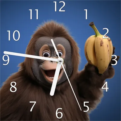 Produktbild von Wallario Design Wanduhr Lustiger Affe mit Bananen aus Echtglas, Größe 20 x 20 cm