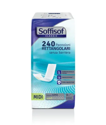 Immagine prodotto di Soffisof Classic Pannolini rettangolari senza barriere per adulti - 240x pannolini per incontinenza - 8 confezioni da 30 pannolini, 4 gocce - pannolini usa e getta