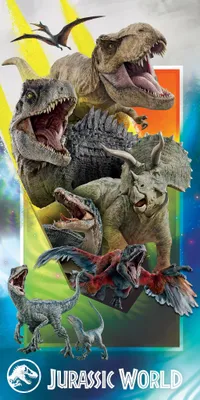 A collage of various dinosaurs from the Jurassic World franchise, with the Jurassic World logo at the bottom.
