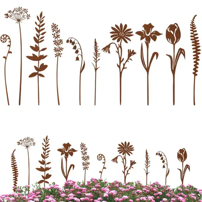 Produktbild von Gartenstecker 10 Stück - Rostoptik - Blumenstecker - Gartendekoration - Frühlingsdekoration - Robuste Metallkonstruktion - Blumenstecker