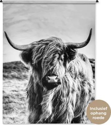 Produktbild von MuchoWow® Wandteppich Wandbehang Kuh - Schottisches Hochlandrind - Schwarz - Weiß - Tier - Natur - Wildtiere 150x200 cm Tapisserie Dekoration Wandtuch - Wandaufhängung - Moderner