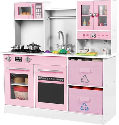Produktbild von Kinderküche Holz, Spielküche mit Licht und Sound, Puppenküche Holz für Kinder, 90x30x90 cm kinderküchen, mit Küchenzubehör und 2PCS Aufbewahrungsboxen, Spielzeug für Kinder ab 3 Jahren, Rosa