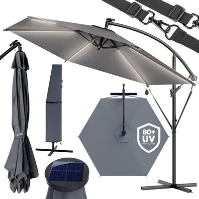 Produktbild von KINGSLEEVE® Ampelschirm LED Beleuchtung UV Schutz 80+ Solar Ständer Schutzhülle 350cm Groß Kurbel Balkon Terrasse Gartenschirm Sonnenschirm Anthrazit