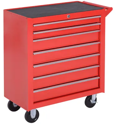Productafbeelding van Werkswagen met wielen, 7 lades, afsluitbaar, parkeerrem, draagvermogen 150 kg, staal (rood)