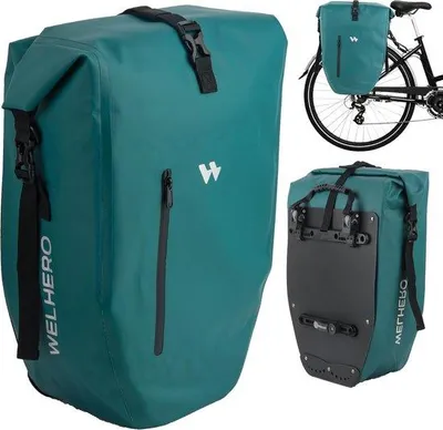 Immagine prodotto di Borsa da bicicletta Unyqoos® per portapacchi – 23–28 L, 100% impermeabile, 61×31×16,5 cm, con maniglia e tracolla, ganci regolabili, colore verde menta