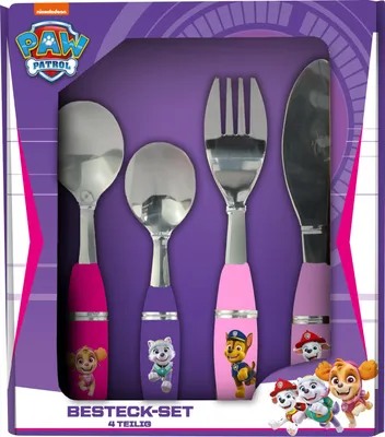 Produktbild von p:os 33792 Besteckset für Mädchen, 4-teilig, Edelstahl mit Kunststoffgriffen, Kinderbesteck