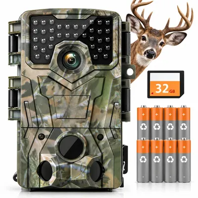 Productafbeelding van 4K videocamera voor wildobservatie, 48MP Full HD wildcamera met bewegingssensor, nachtzicht, 0,3 seconden reactietijd, infrarood, 32GB geheugenkaart