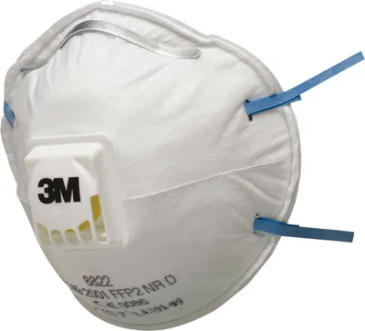 A white respirator mask with a blue strap and a white valve with a black 3M logo.