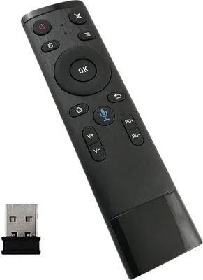 A black remote control and a USB dongle are shown against a white background.