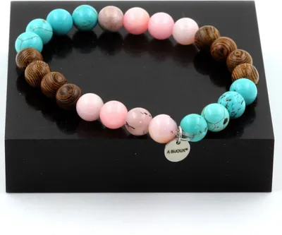Zdjęcie produktu dla Bransoletka koraliki różowy opal + turkus + drewno 8 mm