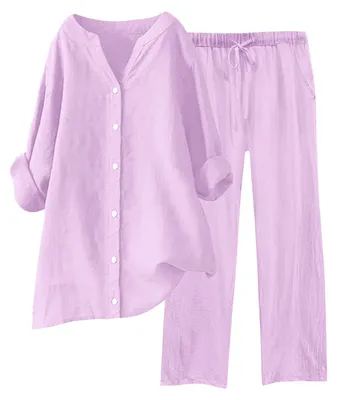 Produktbild von Solidchoice – Set aus 2 Damenhemden und Hosen aus Leinen-Baumwolle – Bequemes Freizeitoutfit