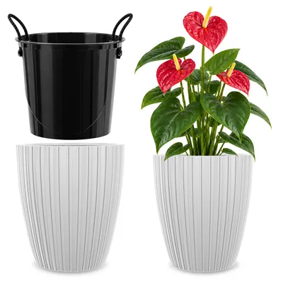 Imagen del producto de KADAX Maceta, maceta de 30 cm con cubierta y base, soporte para flores, plástico, blanco