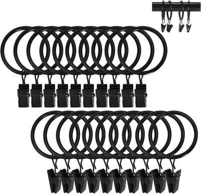 Produktbild von Gardinenringe mit Klammer, Metall, 20 Stück, für Gardinenstangen bis 2,5 cm, schwarz