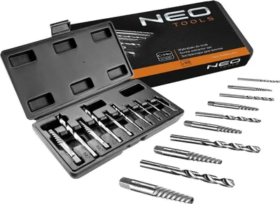 Obrázek produktu pro NEO TOOLS Vytahovače šroubů pro zlomené šrouby s pilotními vrtáky, sada 10 ks.